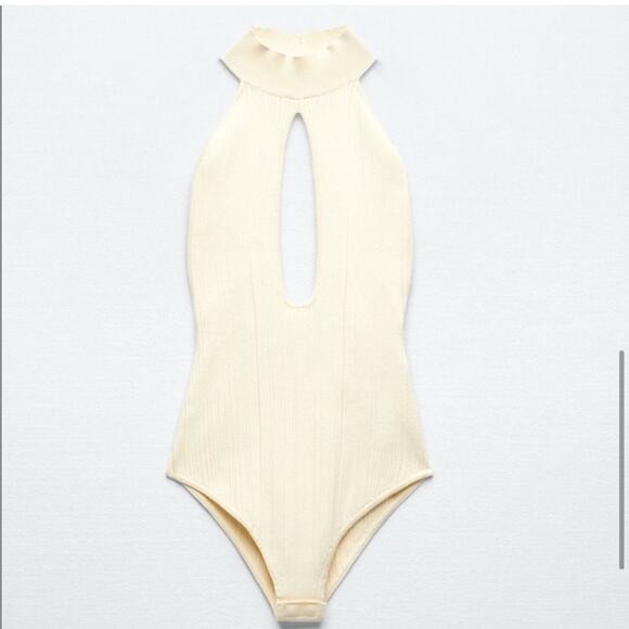 Zara Cream Bodysuit Knit Cut Out Halter Neck Size XL - Picture 6 of 9